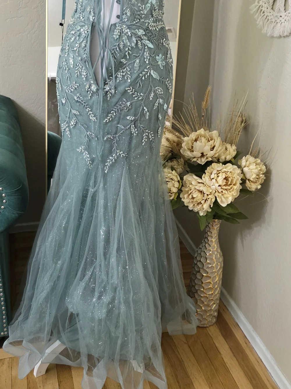 eva mendes for New York & Company Sage Beaded Floral Tulle Gown